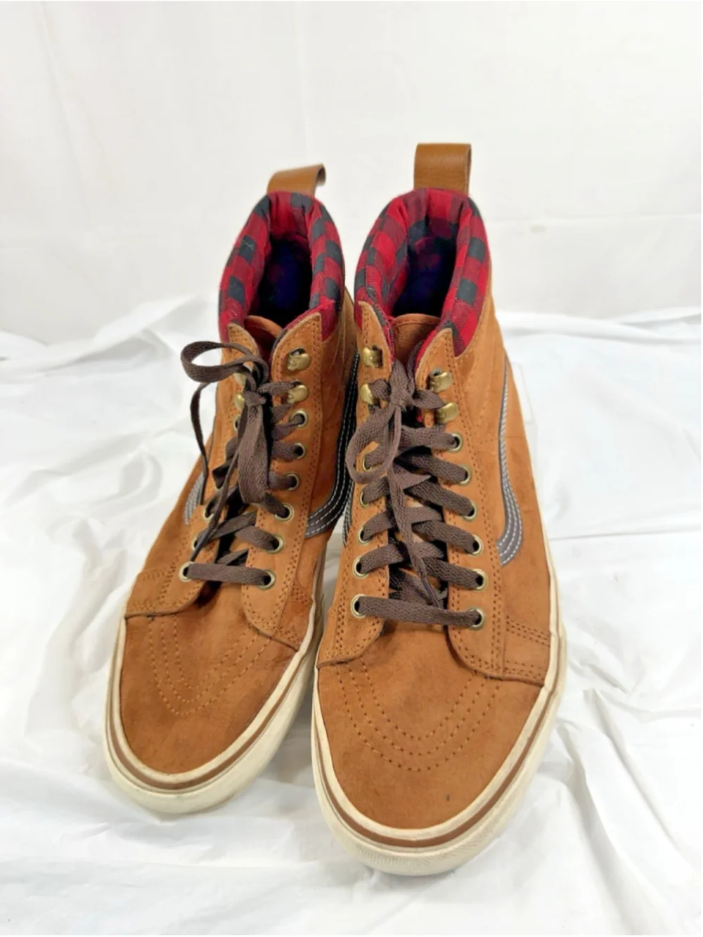 VANS SK8-Hi MTE Sneaker Boots Brown Suede Red Plaid Flannel Lined Mens Sz 10